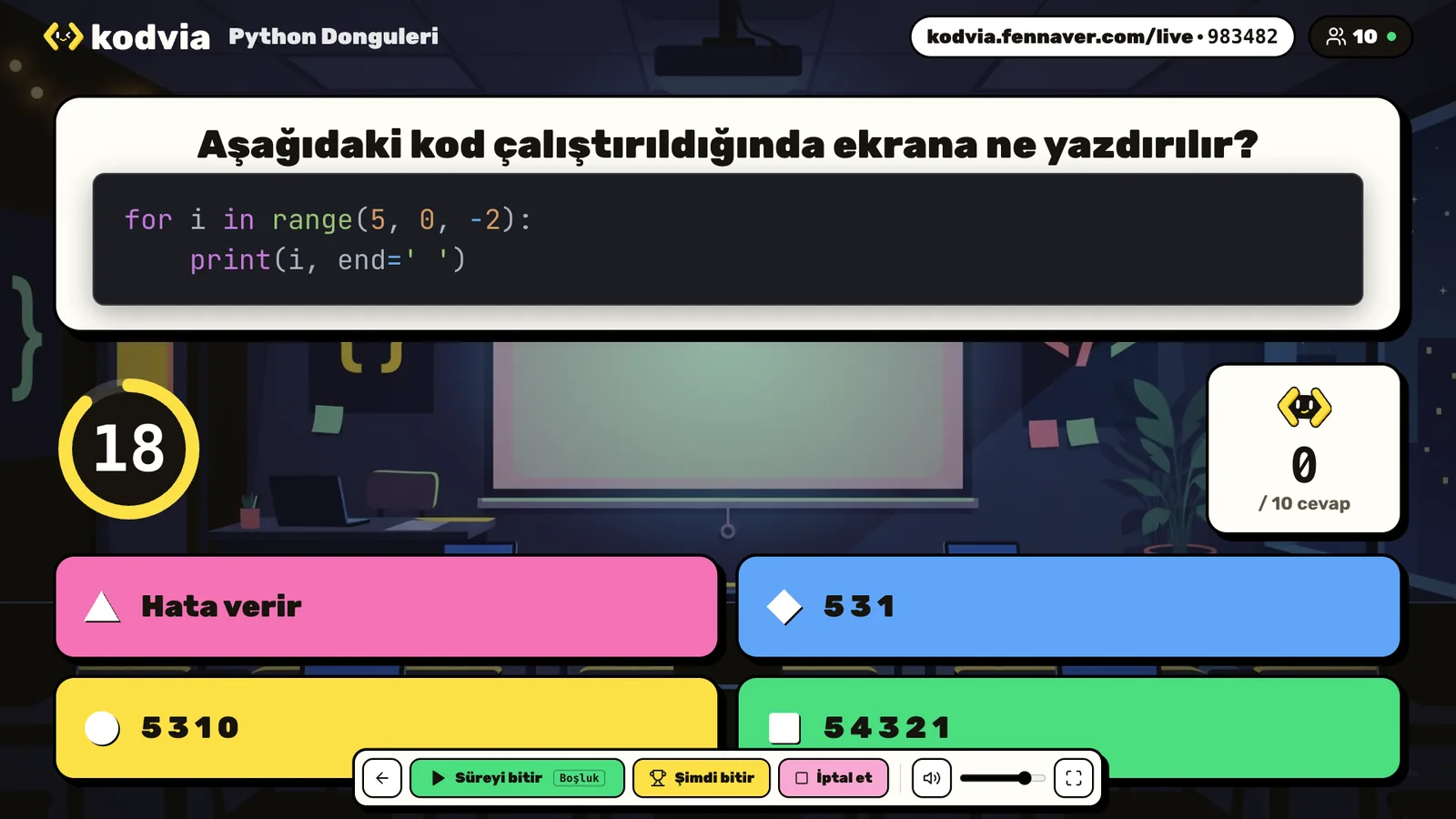 Canlı quizde sınıf ekranı: kod sorusu, geri sayım ve dört renkli cevap