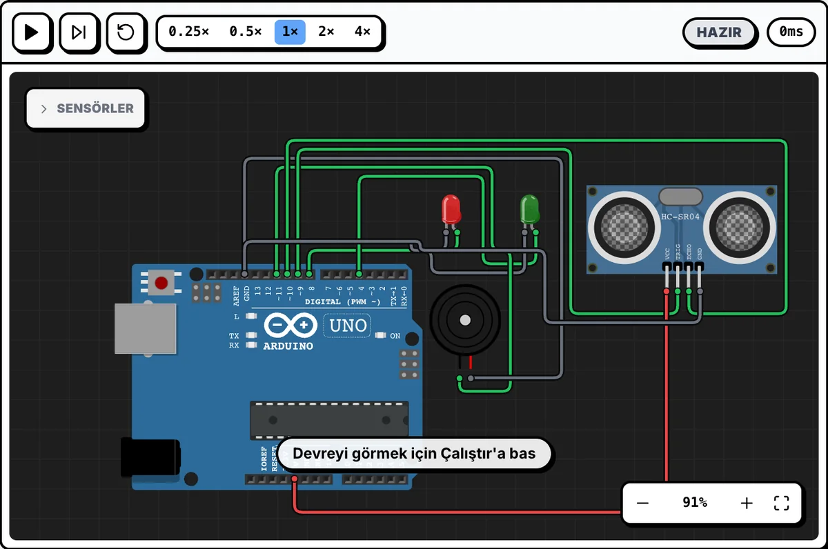 Kodvia simülatöründe Arduino Uno, HC-SR04 mesafe sensörü, LED’ler ve buzzer ile kurulmuş park sensörü devresi