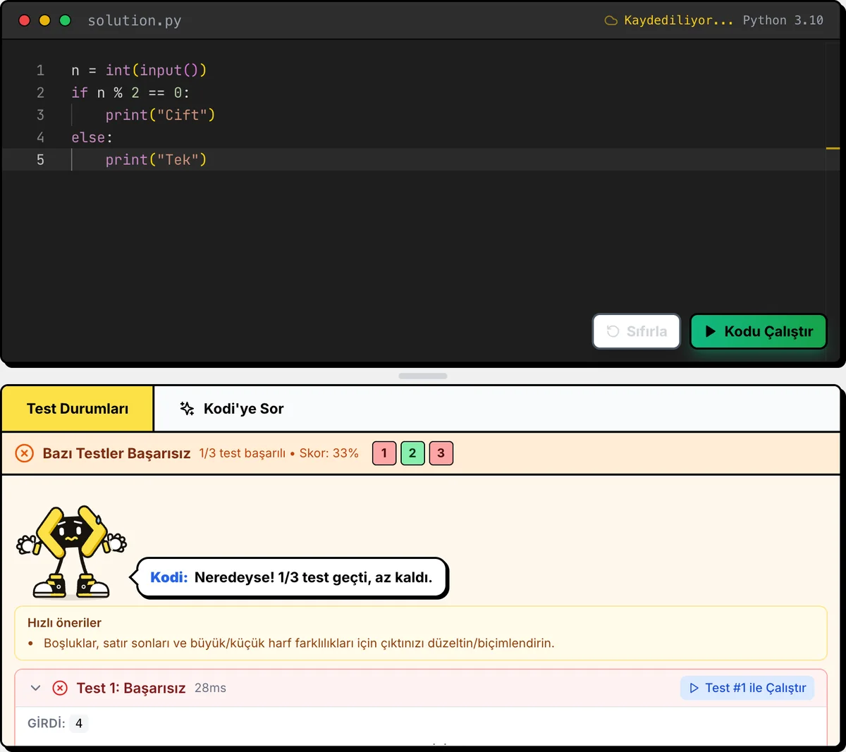 Python görevinde kod editörü ve test sonuçları: 3 testten 1’i geçti, Kodi ipucu veriyor