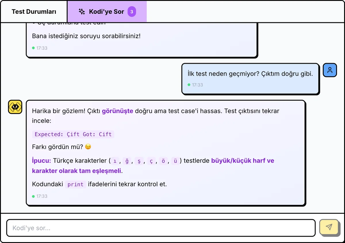 Kodi’ye Sor sekmesinde öğrencinin sorusu ve yapay zekâ öğretmeninin cevabı